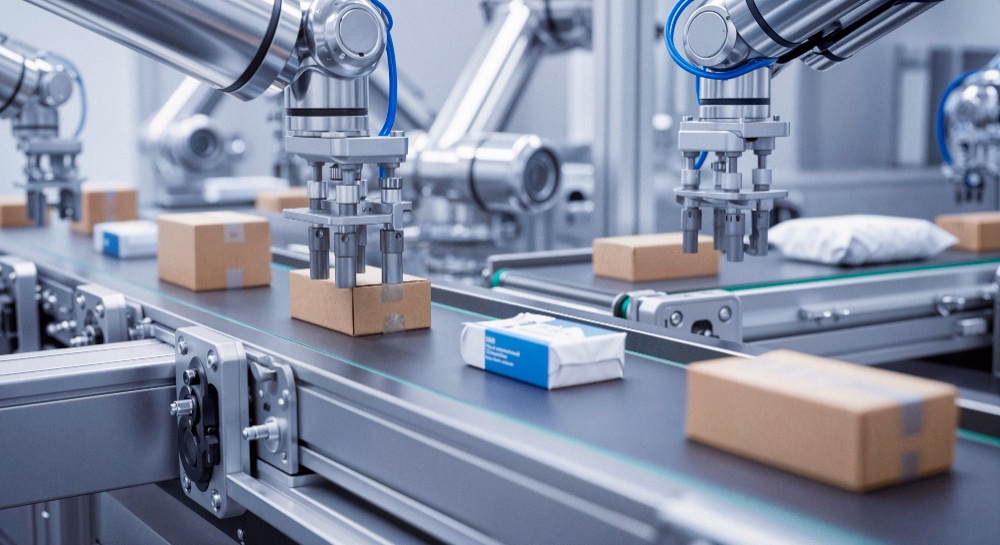 Robô industrial operando em linha de produção automatizada